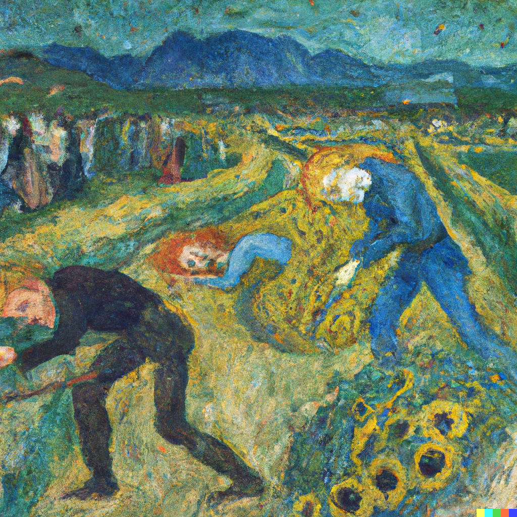 A.I generated image depicting a constant battle between death in the style of a Vincent Van Gogh painting